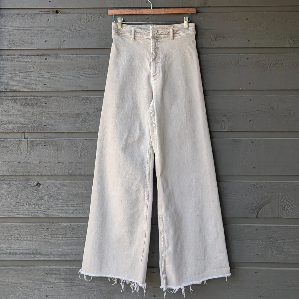 Zara High Rise Beige Cream Stretch Denim Wide-Leg Jeans Size 4 Raw Hem - Picture 8 of 8